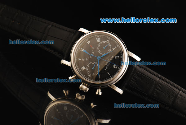 Patek Philippe Chronograph Swiss Valjoux 7750 Manual Winding Movement Steel Case with Black Dial and Black Leather Strap - Click Image to Close